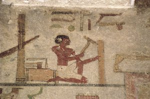 Taller de Carpinteros, (detalle) de una pintura mural de tumba, Egipto, Reino Antiguo a Medio (caliza pintada) de Unknown